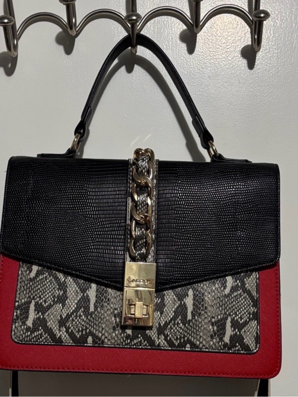 Aldo Black, Red & Snake-Print Top Handle Satchel